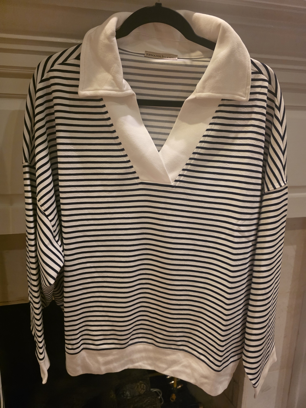 Zenana Outfitters Navy and White Striped Wide Leg Pants with Matching Pullover - Picture 2 of 6